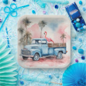 Wasserfarbe Flamingo in Retro Blauer LKW Pappteller (Party)