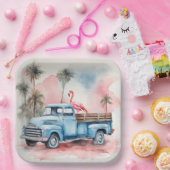 Wasserfarbe Flamingo in Retro Blauer LKW Pappteller (Party)