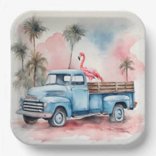 Wasserfarbe Flamingo in Retro Blauer LKW Pappteller