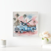 Wasserfarbe Flamingo in Retro Blauer LKW Quadratische Wanduhr (Zuhause)