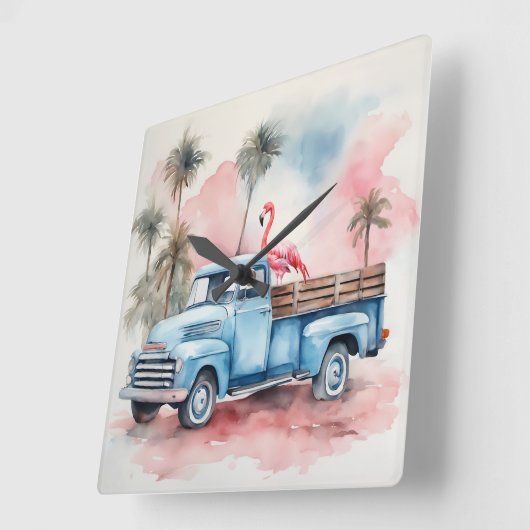 Wasserfarbe Flamingo in Retro Blauer LKW Quadratische Wanduhr (Winkel)