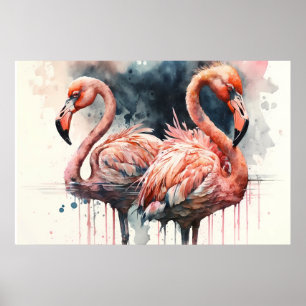 Wasserfarbe Flamingos Rosa Tropisch Poster