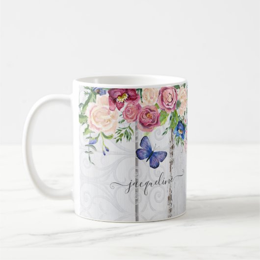Wasserfarbe Flora Rustikale HolzMarine Burgundy Pe Kaffeetasse (Links)