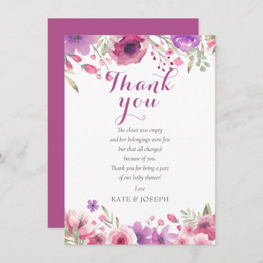 Wasserfarbe Floral Baby Girl Dusche Danke, Gedicht Dankeskarte (Vorne/Hinten)