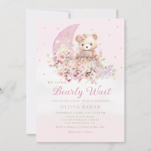 Wasserfarbe Floral Boho Teddy Bear Girl Babydusche Einladung (Vorderseite)