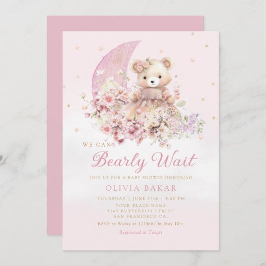 Wasserfarbe Floral Boho Teddy Bear Girl Babydusche Einladung (Vorne/Hinten)