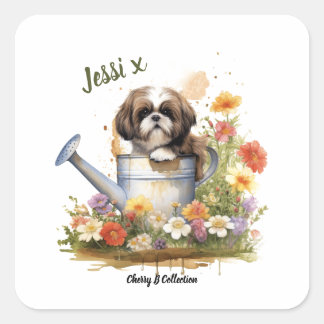 Wasserfarbe Floral Shih Tzu kann personalisiert we Quadratischer Aufkleber