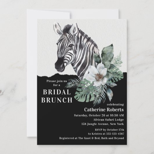 Wasserfarbe Floral Wild Zebra Bridal Brunch Einladung (Vorderseite)