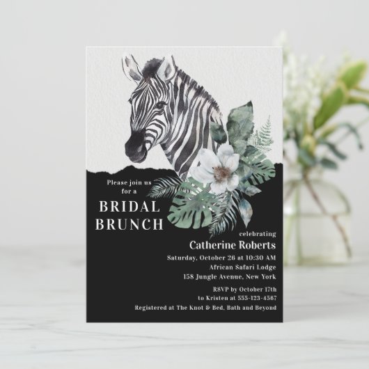 Wasserfarbe Floral Wild Zebra Bridal Brunch Einladung (Stehend Vorderseite)