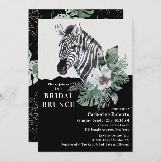 Wasserfarbe Floral Wild Zebra Bridal Brunch Einladung (Vorne/Hinten)