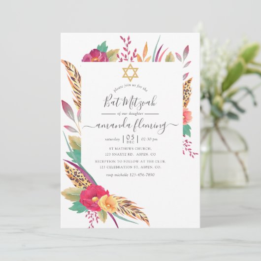 Wasserfarbe florale Safari Bat Mitzvah Einladung (Stehend Vorderseite)