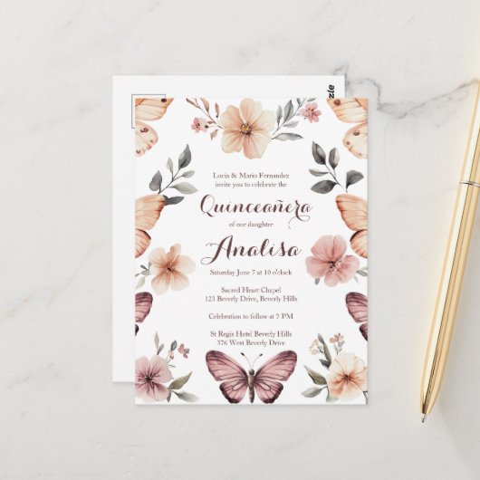 Wasserfarbe Florals Butterfliegen Quinceañera CUST Postkarte (Vorderseite/Rückseite Beispiel)