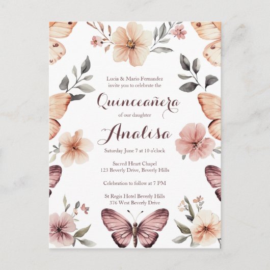 Wasserfarbe Florals Butterfliegen Quinceañera CUST Postkarte (Vorderseite)