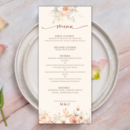 Wasserfarbe Florals Peach Wedding Menü Menükarte