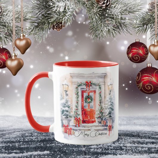Wasserfarbe Frohe Weihnachten Rote Tür Elegant Tasse