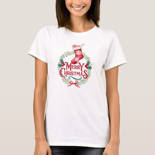 Wasserfarbe Frohe Weihnachtsfeier & Strumpf T-Shirt (Vorderseite)