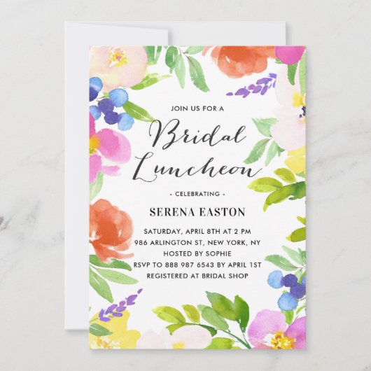 Wasserfarbe Frühlingsblumen Bridal Luncheon Einladung (Vorderseite)
