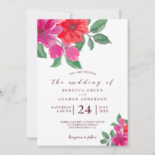 Wasserfarbe Fuchsia Blumenzwiebeleinladung Einladung (Vorderseite)