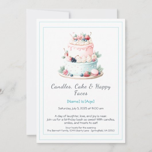 Wasserfarbe Geburtstagskuchen Einladung - süß (Vorderseite)