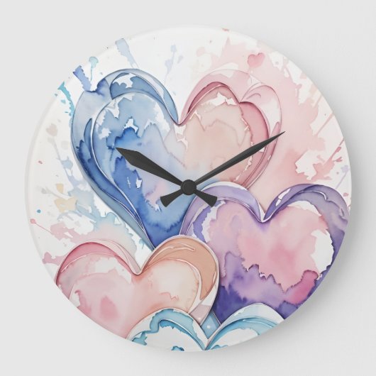 Wasserfarbe Gemalte Herzen Große Wanduhr (Vorderseite)