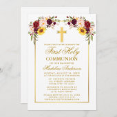 Wasserfarbe gemischte Blüten Erste Kommune Gold Einladung (Vorne/Hinten)