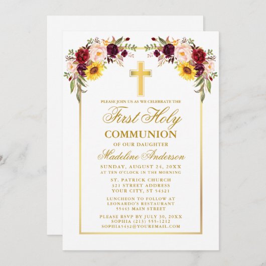 Wasserfarbe gemischte Blüten Erste Kommune Gold Einladung (Vorne/Hinten)