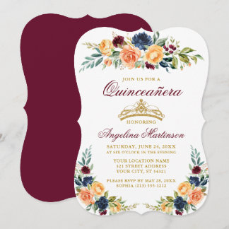 Wasserfarbe gemischte Blütenburgund Quinceanera Einladung