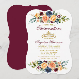 Wasserfarbe gemischte Blütenburgund Quinceanera Einladung