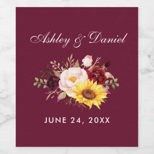 Wasserfarbe gemischte Blütenburgunde Hochzeit Weinetikett (Einzelnes Label)