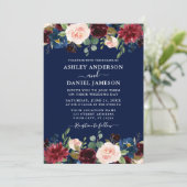 Wasserfarbe gemischte Blütenburgundy Blue Wedding Einladung (Stehend Vorderseite)