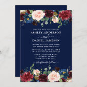 Wasserfarbe gemischte Blütenburgundy Blue Wedding Einladung (Vorne/Hinten)