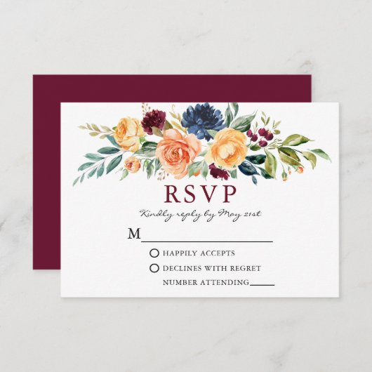 Wasserfarbe gemischte Blütengrün Burgund Hochzeit RSVP Karte (Vorne/Hinten)