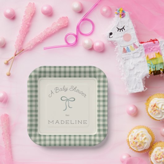 Wasserfarbe Gingham Antique Sage Green Baby Dusche Pappteller (Party)
