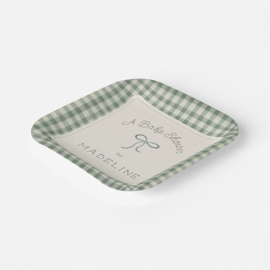 Wasserfarbe Gingham Antique Sage Green Baby Dusche Pappteller (Gewinkelt)