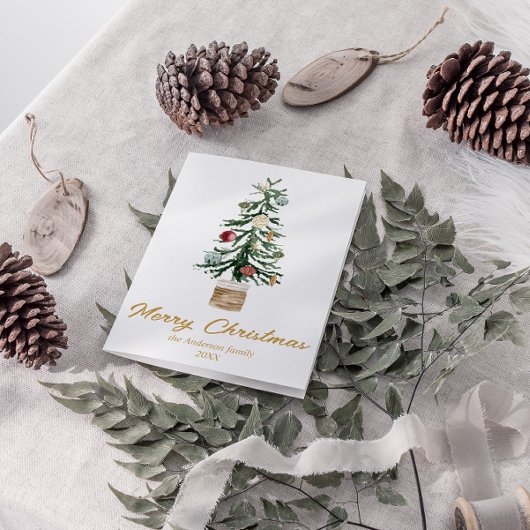 Wasserfarbe Gold Ornamente Bäume Frohe Weihnachten