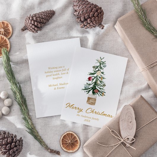 Wasserfarbe Gold Ornamente Bäume Frohe Weihnachten