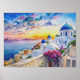 Wasserfarbe Griechische Insel Landschaft Art Santo Poster