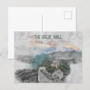 Wasserfarbe Große Mauer China Postkarte - Historis