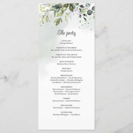 Wasserfarbe Grüne Blattwerk Hochzeit Programm (Rückseite)