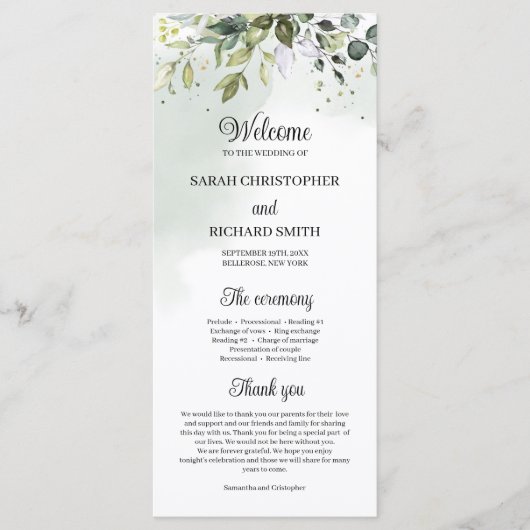 Wasserfarbe Grüne Blattwerk Hochzeit Programm (Vorderseite)