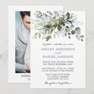 Wasserfarbe Grüne Dusty Blue Foto Wedding Einladung