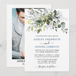 Wasserfarbe Grüne Dusty Blue Foto Wedding Einladung