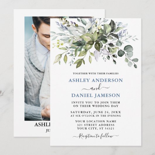 Wasserfarbe Grüne Dusty Blue Foto Wedding Einladung (Vorne/Hinten)