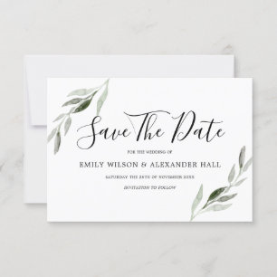 Wasserfarbe Grüner Blatt Moderner Hochzeit Save The Date