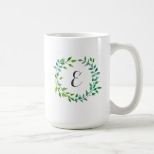 Wasserfarbe grüner Blätterkranz Monogramm Kaffeetasse
