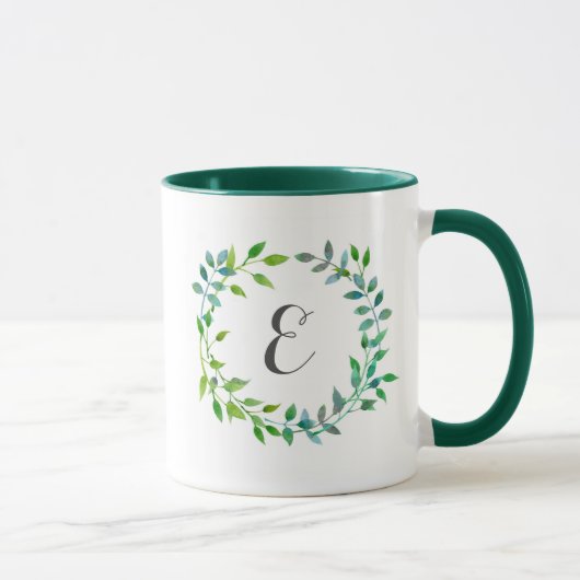 Wasserfarbe grüner Blätterkranz | Monogramm Tasse (Rechts)