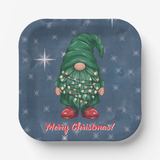 Wasserfarbe-Grünzwerg-Weihnachtslichter Pappteller (Vorderseite)