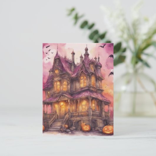 Wasserfarbe Halloween House AI Art Postkarte (Stehend Vorderseite)