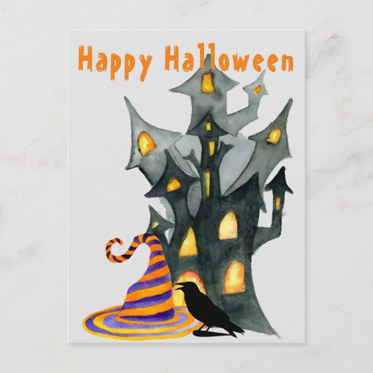 Wasserfarbe Halloween House & Hat Postkarte (Vorderseite)