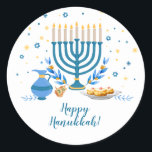 Wasserfarbe Hanukkka Holiday Runder Aufkleber<br><div class="desc">Eine Hanukkah-Szene mit einer Menorah,  Sufganiyot (Donuts),  dreiblättrigen und Olivenzweigen wird in einem Aquarelleffekt auf diesem Chanukah-Aufkleber gerendert. Benutzen Sie als Dankeschön Aufkleber,  auf Chanukah Geschenke,  oder auf Urlaub Gefallen. Verfügbar mit passenden Produkten.</div>